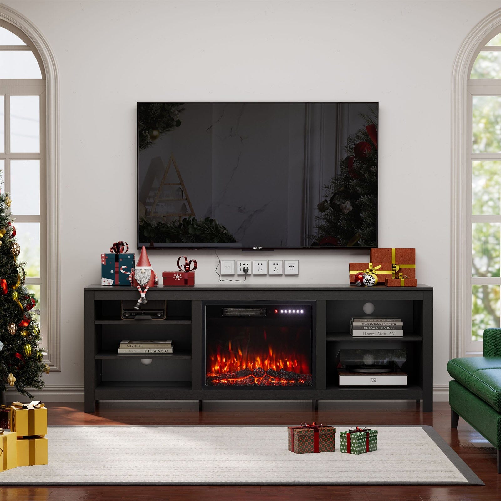 23Inch Electric Fireplace with TV Stand | 12 Flame Colours, Remote Control Living and Home Fireplace + TV Stand Black 