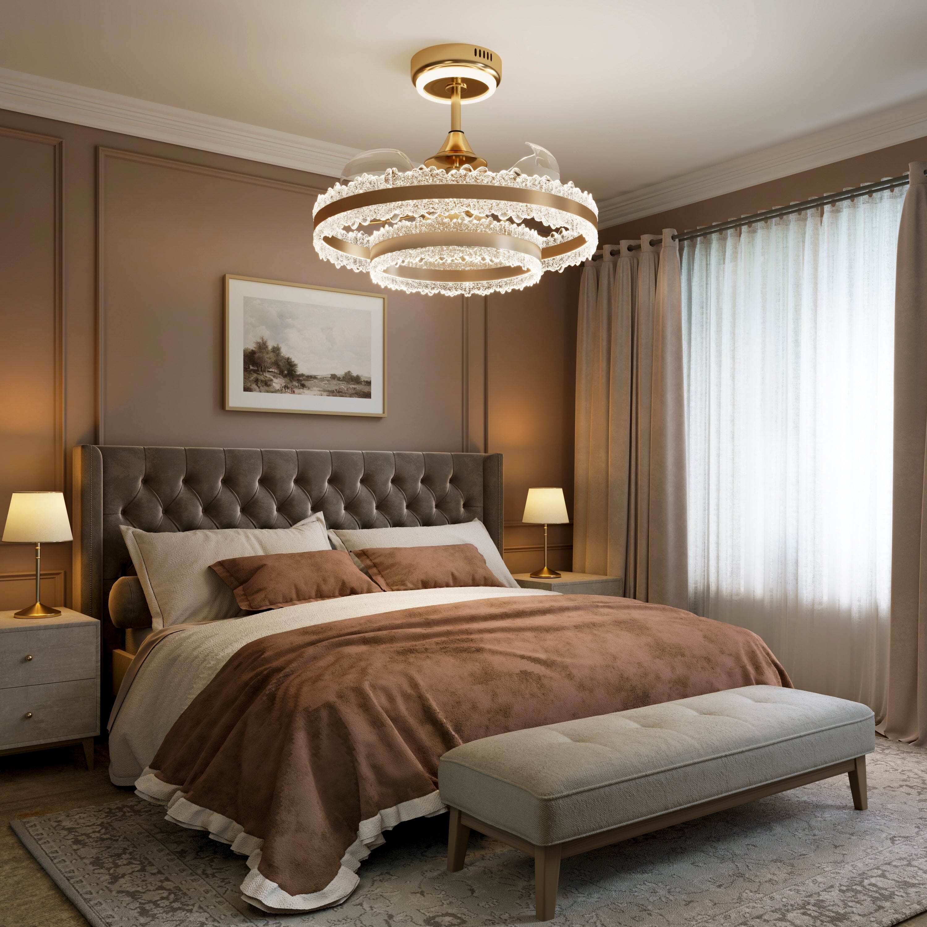 Gold crystal ceiling fan light in neutral white above a modern bedroom