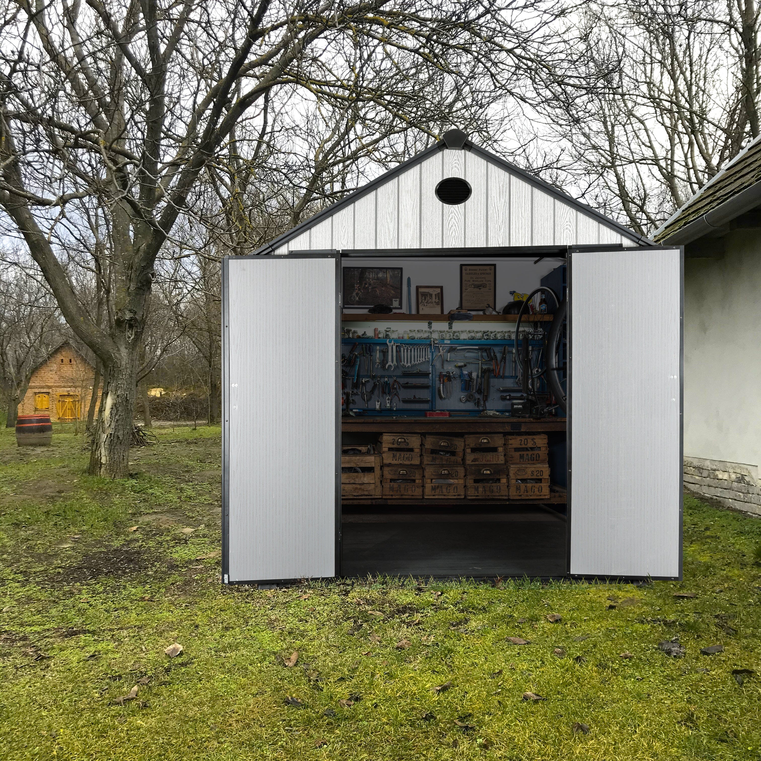 6'x8'ft/8'x8'ft/8'x12'ft/8'x16'ft Gray Wood Grain Plastic Tool Shed Living and Home 