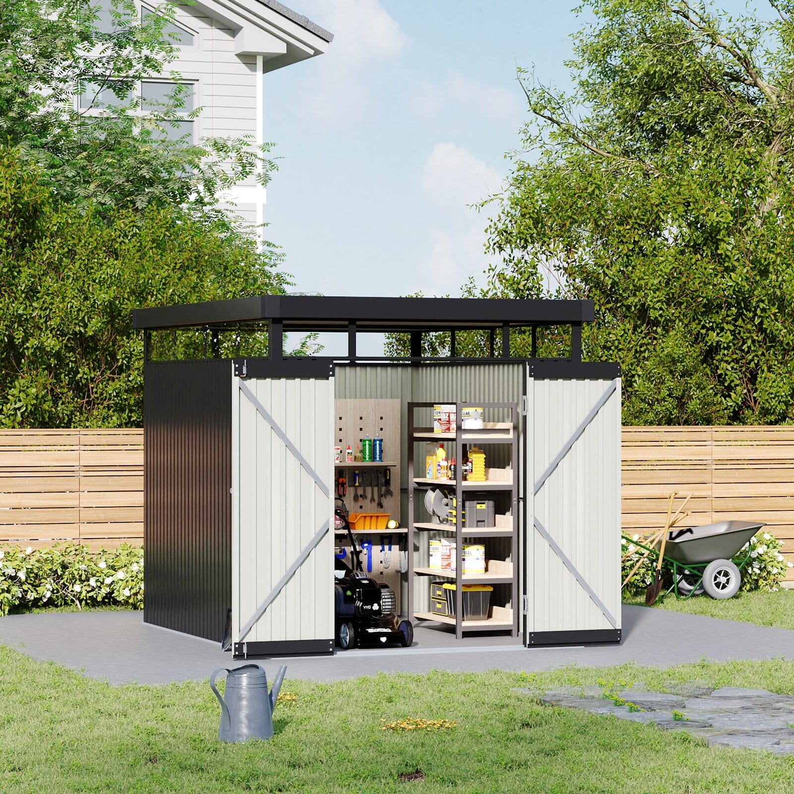 2x2.6x2m/1.6x2.6x2m/2.6x3x2m/4x3x2m Charcoal Black Galvanized Steel Storage Shed with Double/Single Lockable Doors Living and Home 