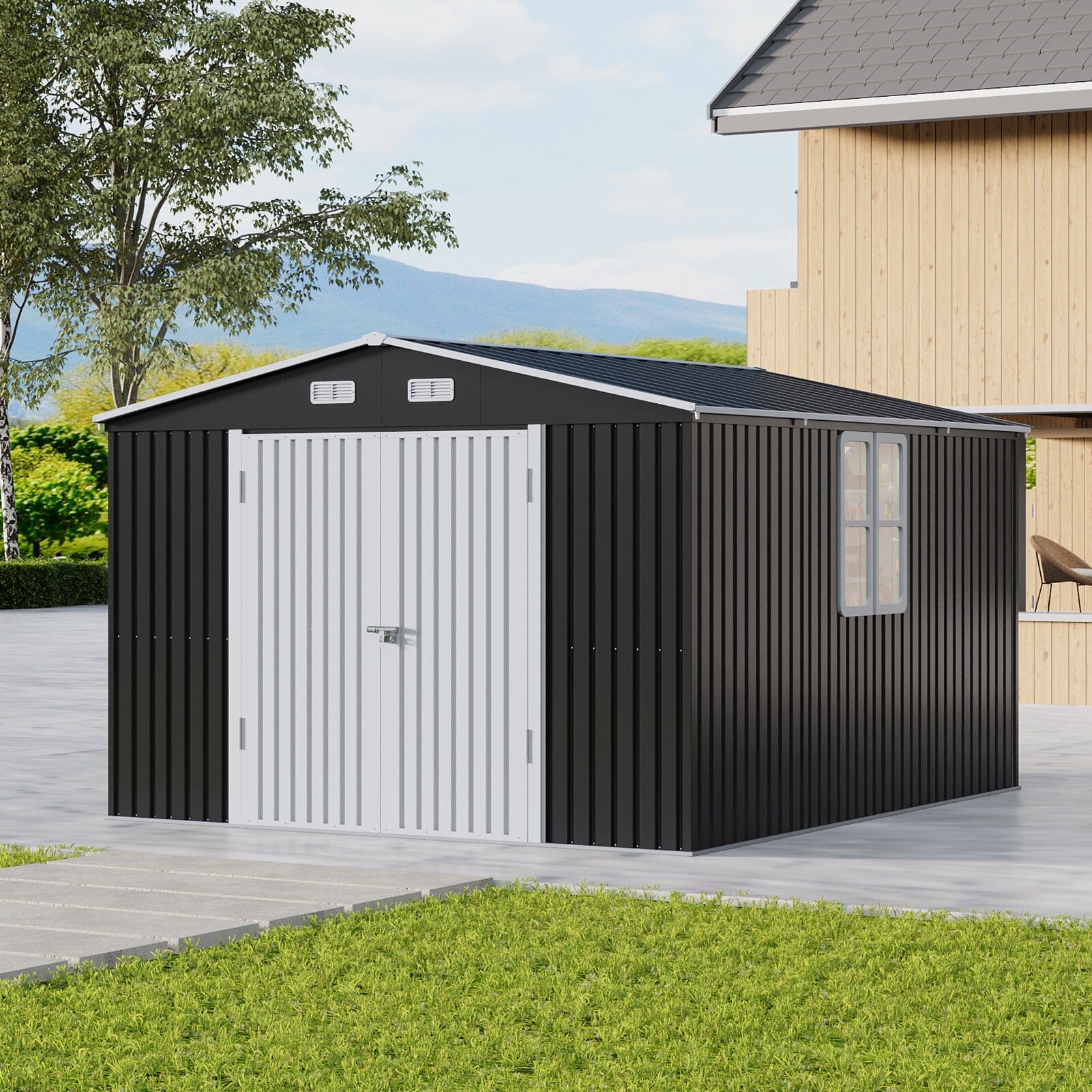 12x10ft / 10x12ft / 10x16ft Charcoal Black Galvanized Steel Storage Shed with Double Lockable Doors & Grid Windows Living and Home 
