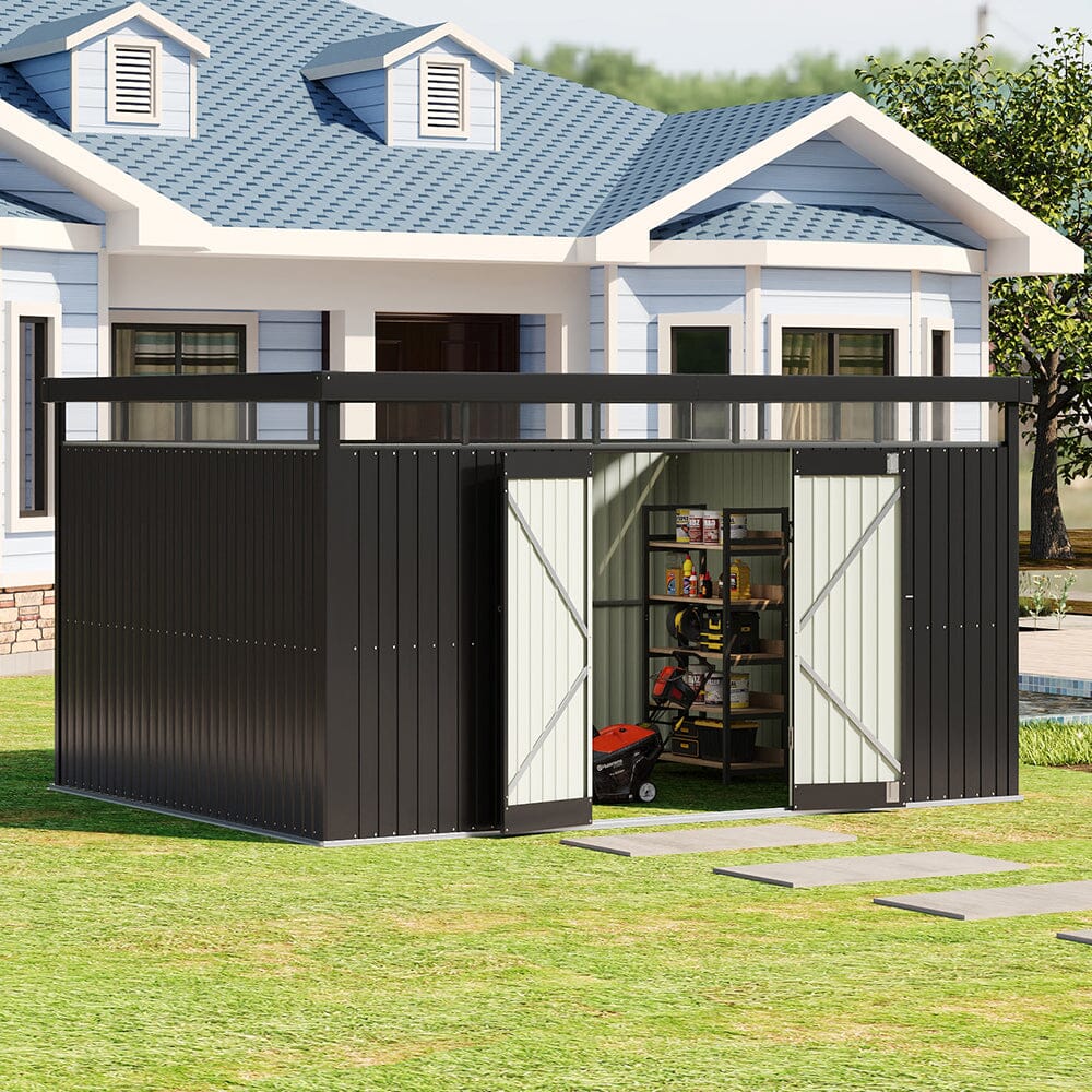 2x2.6x2m/1.6x2.6x2m/2.6x3x2m/4x3x2m Charcoal Black Galvanized Steel Storage Shed with Double/Single Lockable Doors Living and Home 