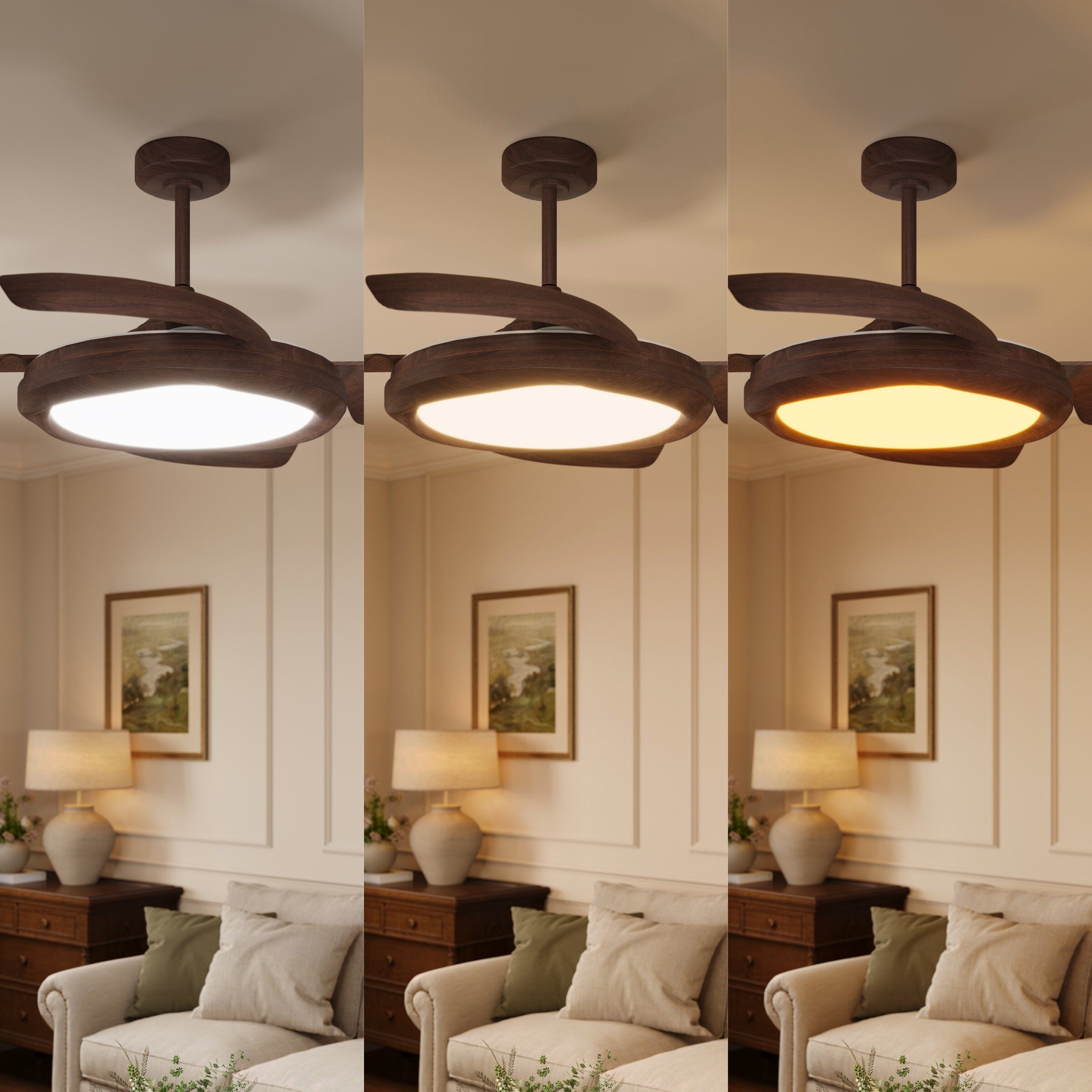 Three colour temperature comparison for walnut effect LED ceiling fan light