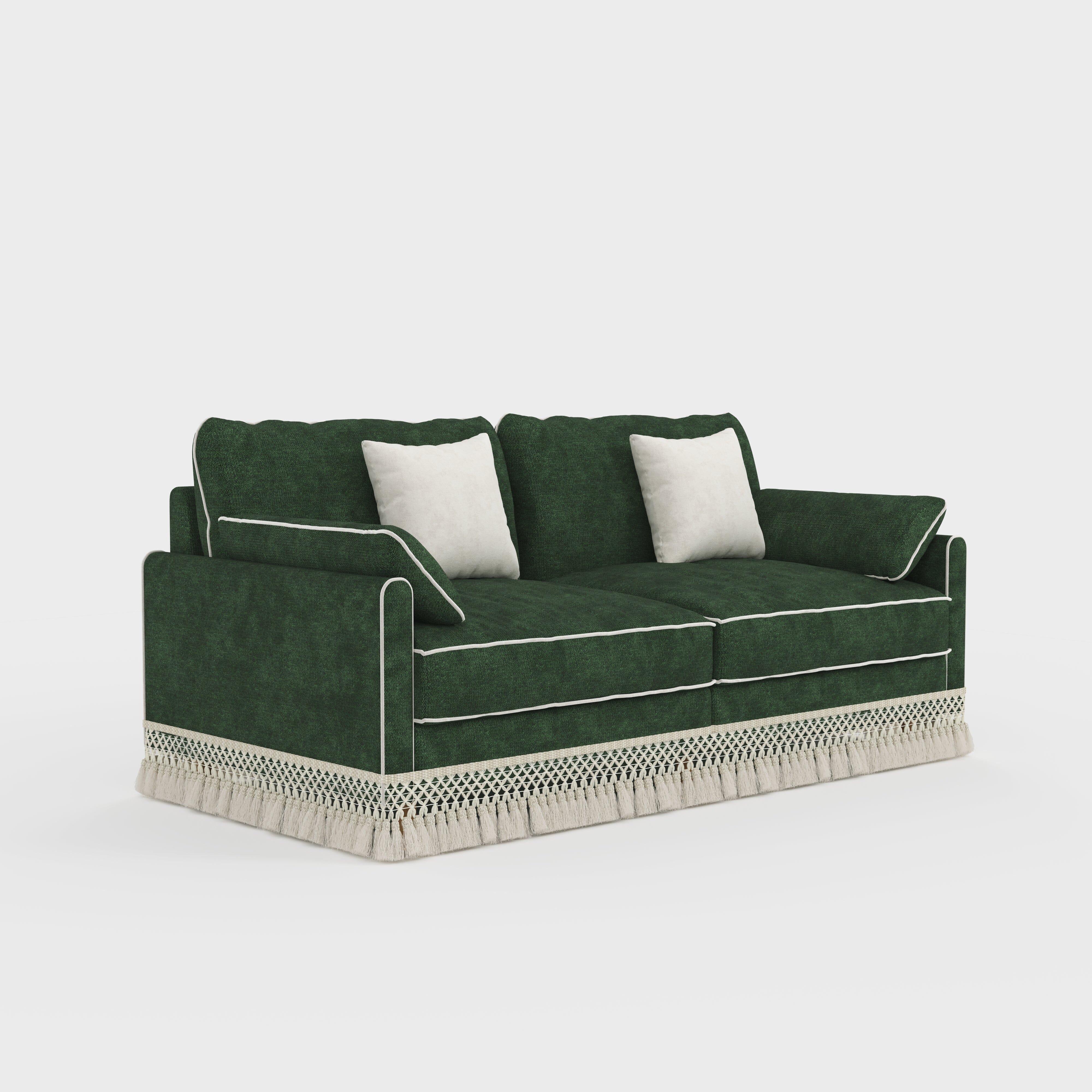 Cotton Linen Detachable Modular Sofa with Fringed Trim Cottonfy UK 2 Seater Forest Green In Stock