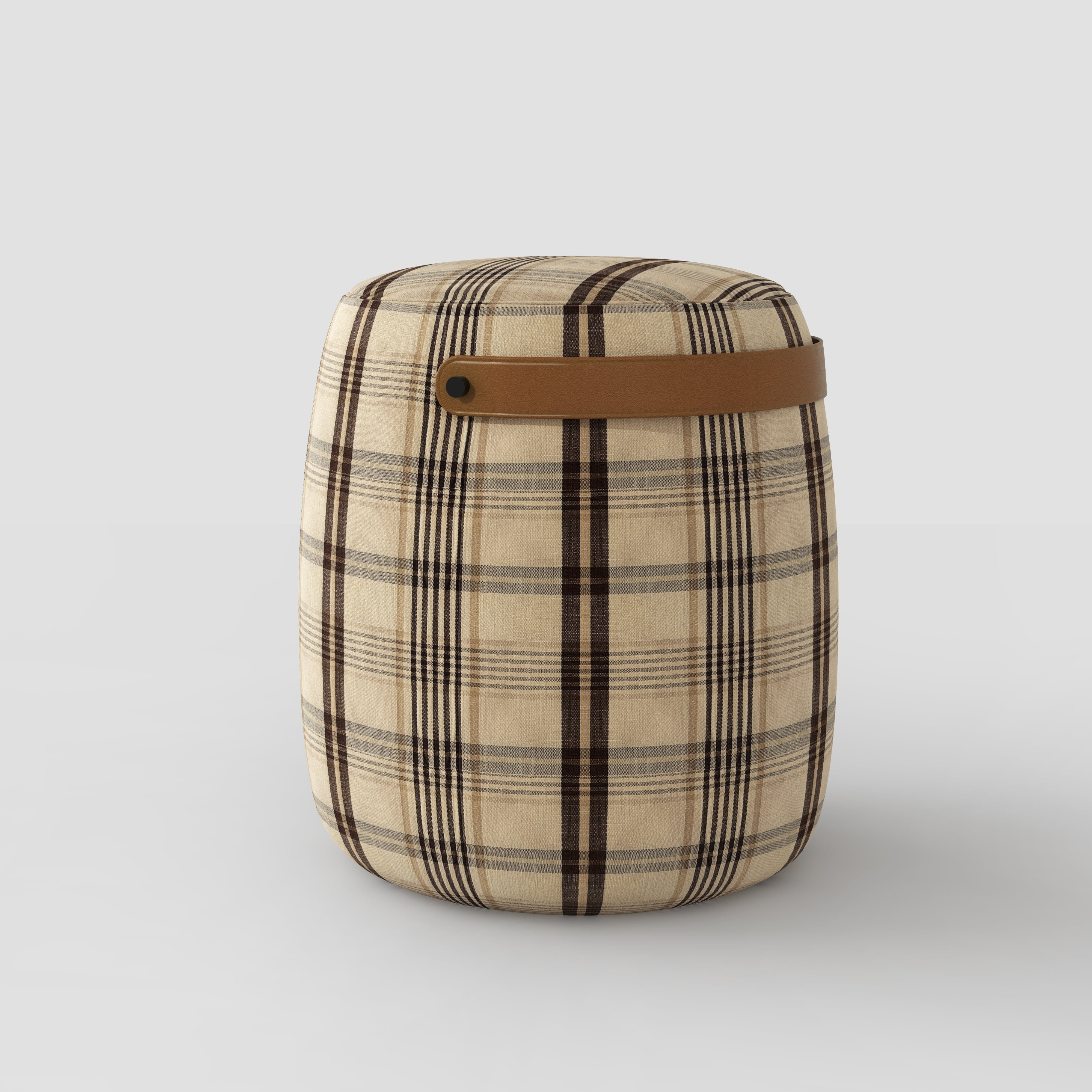 Haven British Check Round Pouffe Footstool with Leather Handle Cottonfy UK Beige Taupe In Stock 