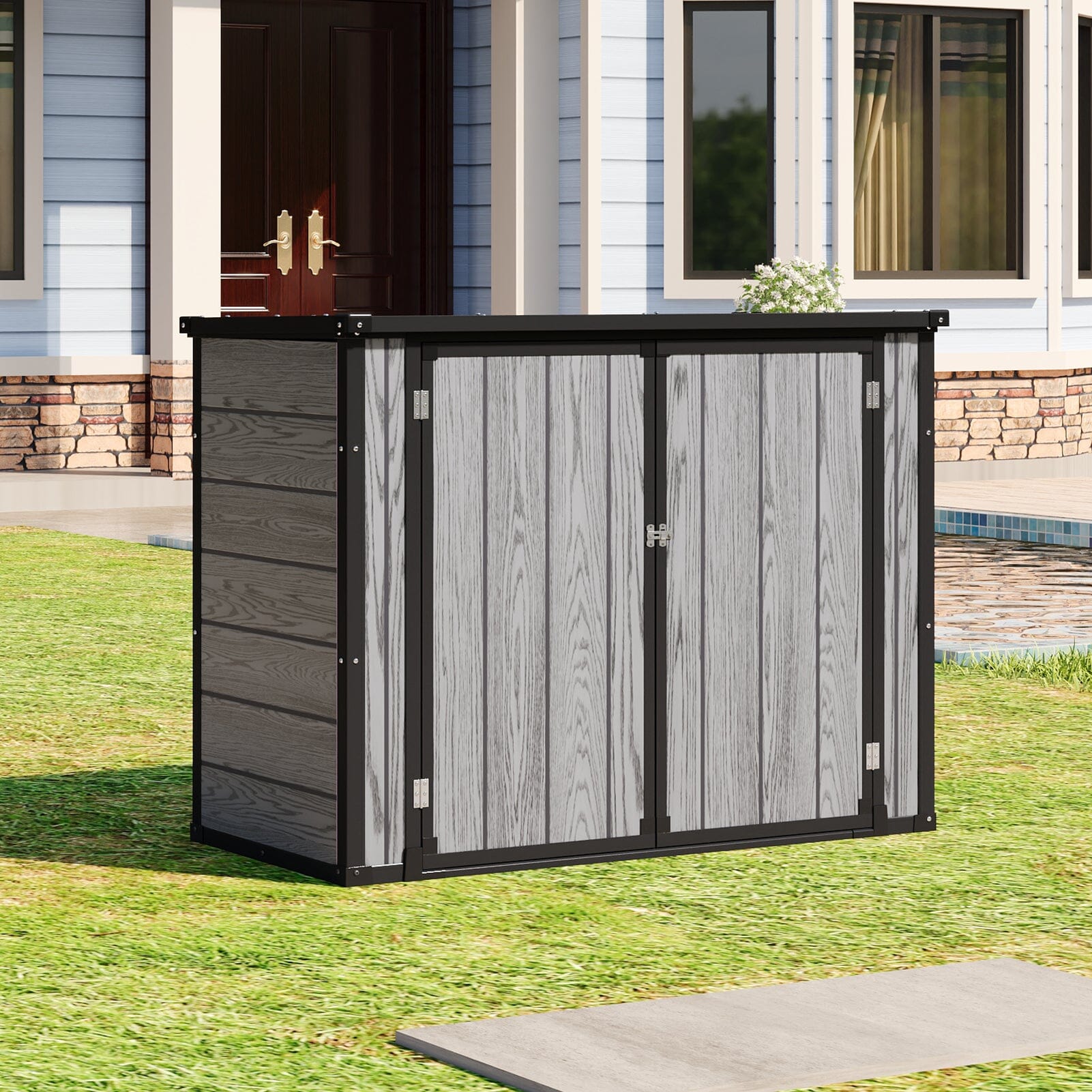 4x2ft Plastic Waterproof Grey Garden Tool Bicycle Storage Shed Living and Home Dark Gray Wood Grain 