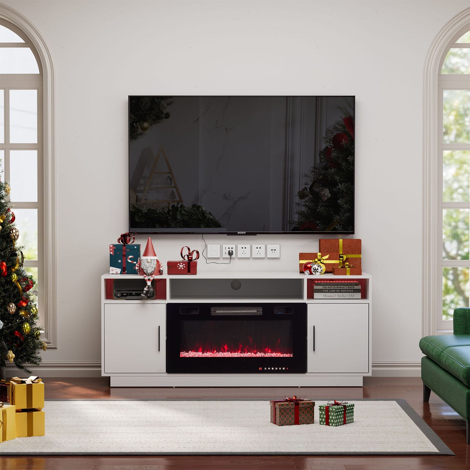 30Inch Electric Fireplace TV Stand | Large Media Cabinet with 24 Colour Options Living and Home Fireplace + TV Stand White 
