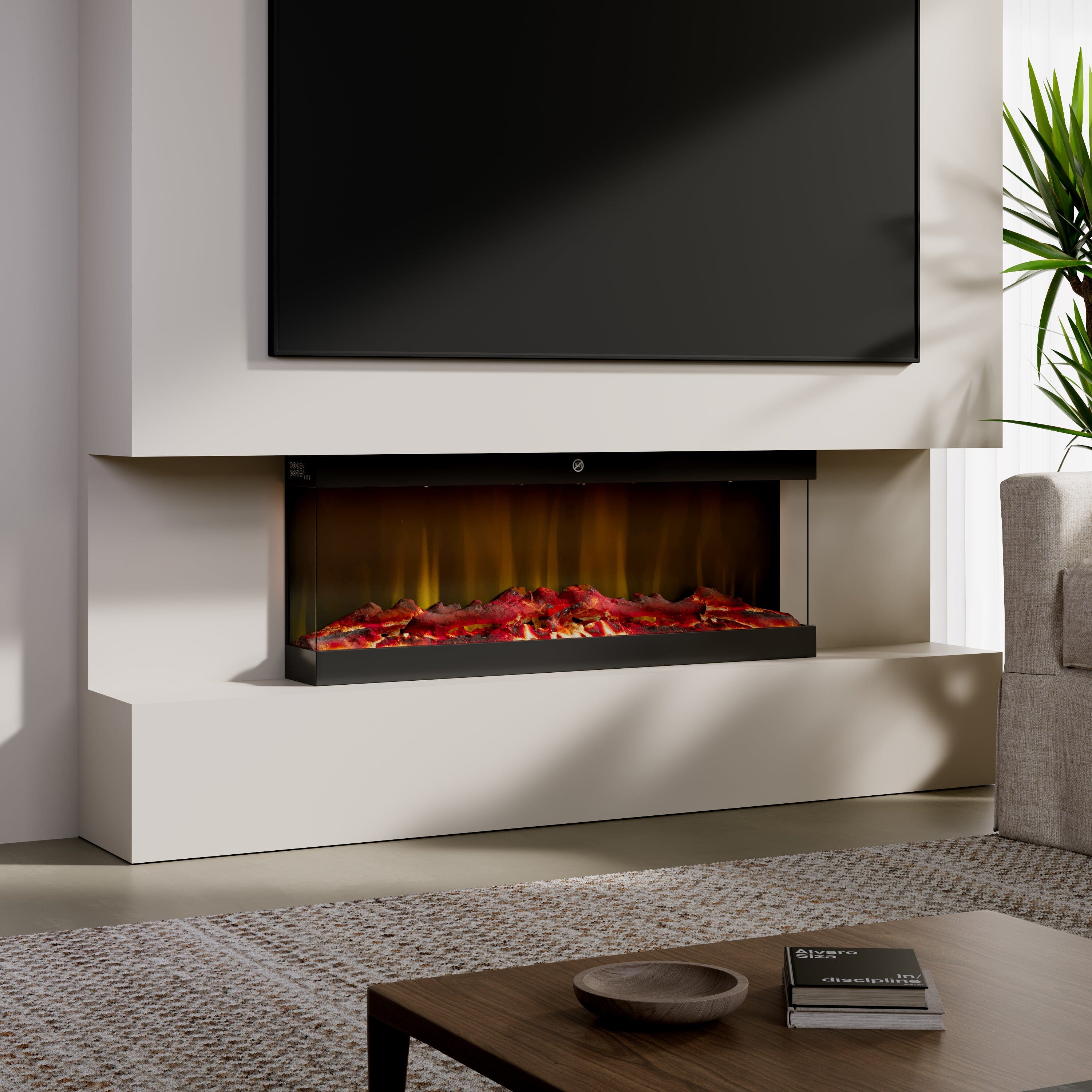 42/48/56/72inch 3-Sided Black/White Electric Fireplace with Remote Control, WiFi Function, Adjustable LED Flames and Heating Modes Living and Home 