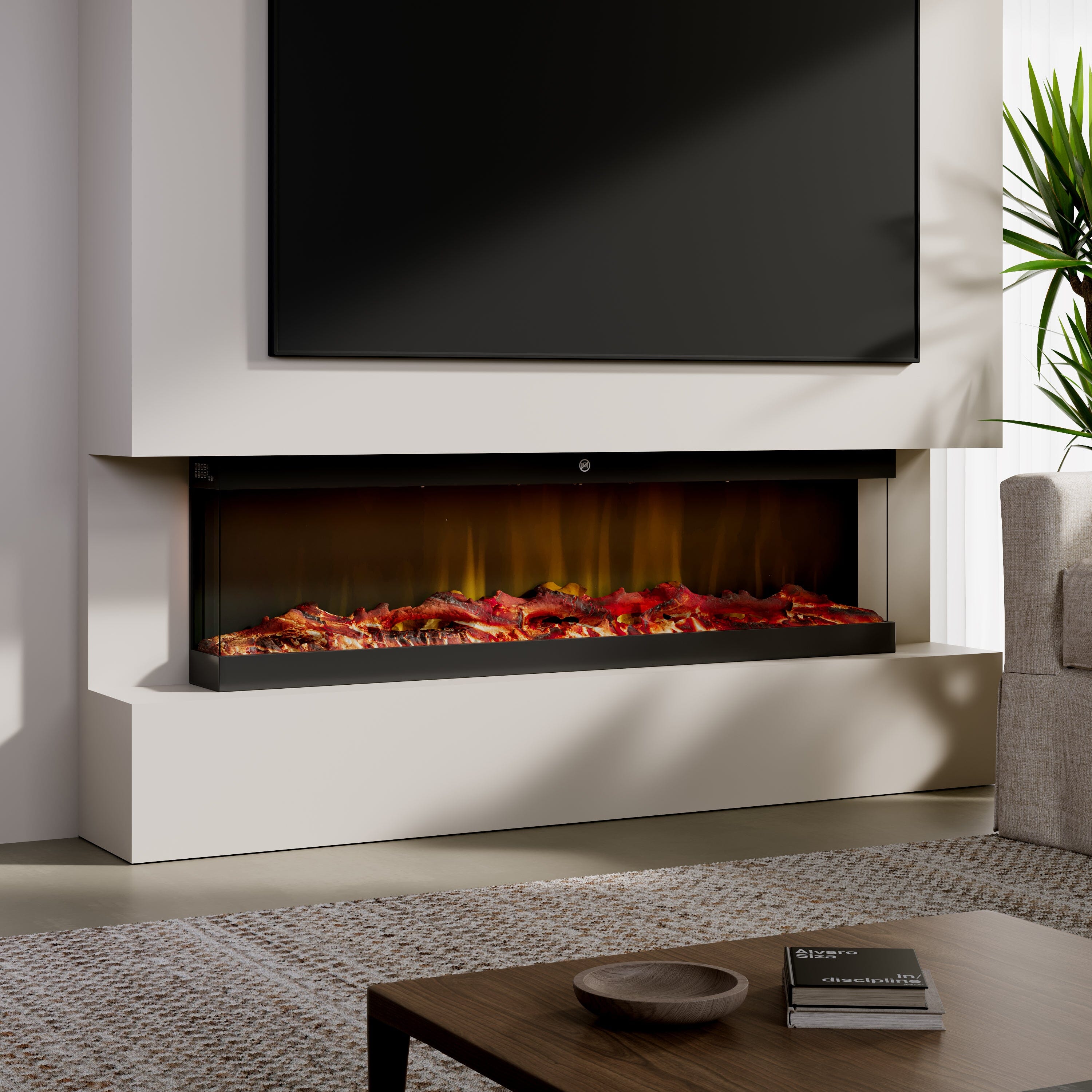 42/48/56/72inch 3-Sided Black/White Electric Fireplace with Remote Control, WiFi Function, Adjustable LED Flames and Heating Modes Living and Home 