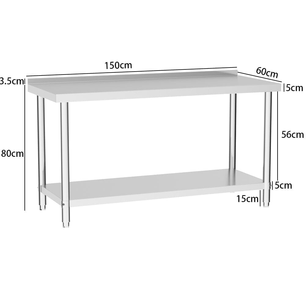 2 Tiers Commercial Kitchen Prep Table Stainless Steel Work Table Commercial Work Tables Living and Home 1500 mm With Backsplash 
