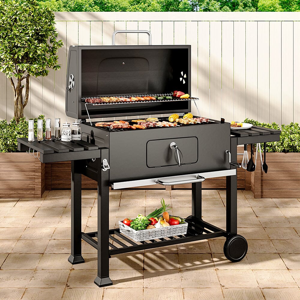 Barrel Charcoal Outdoor Grill Wide 160cm with Side Shelves BBQ Grills Living and Home 