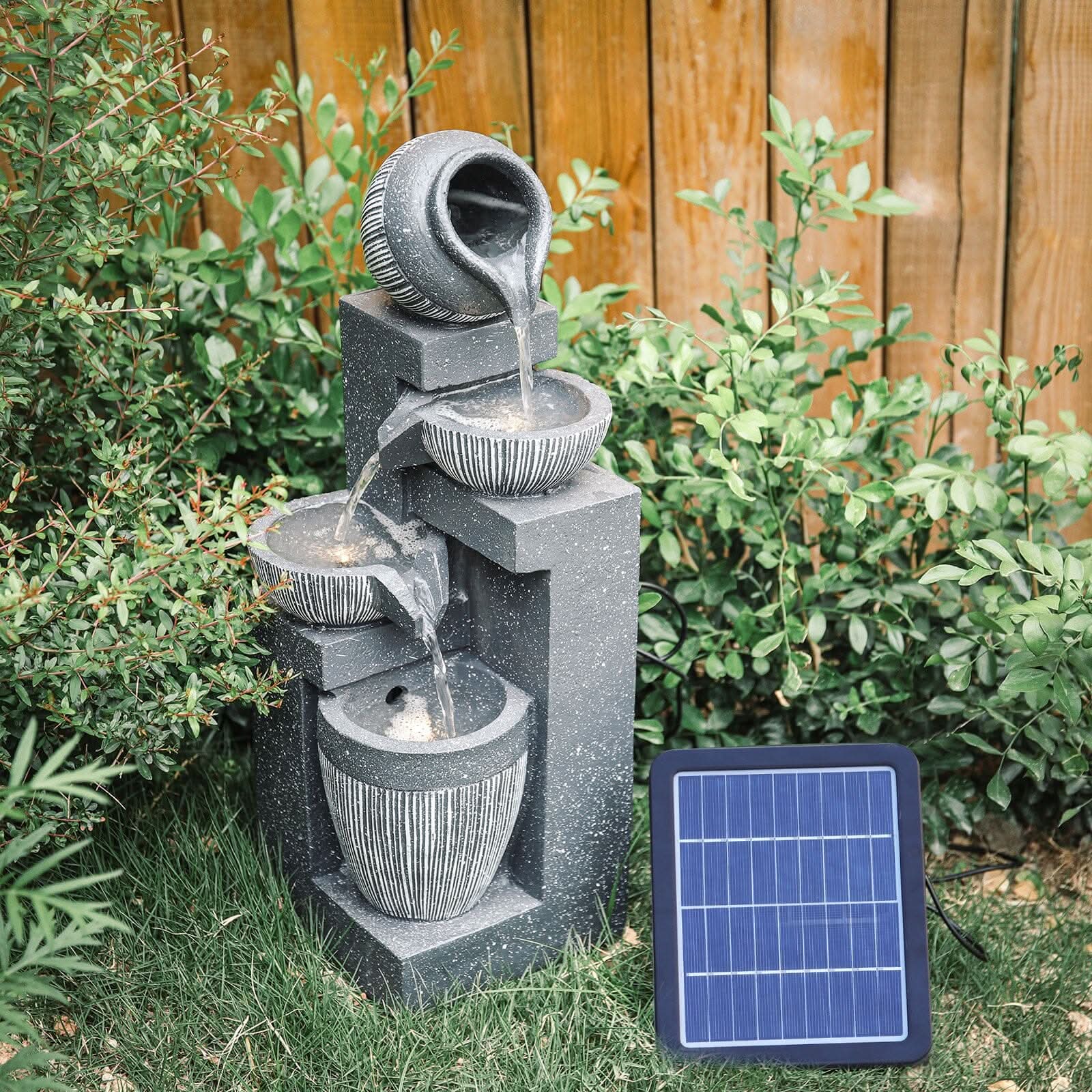 4 Tier Cascade Bowls Pots LED Water Fountain Garden Waterfall Pump Solar Power