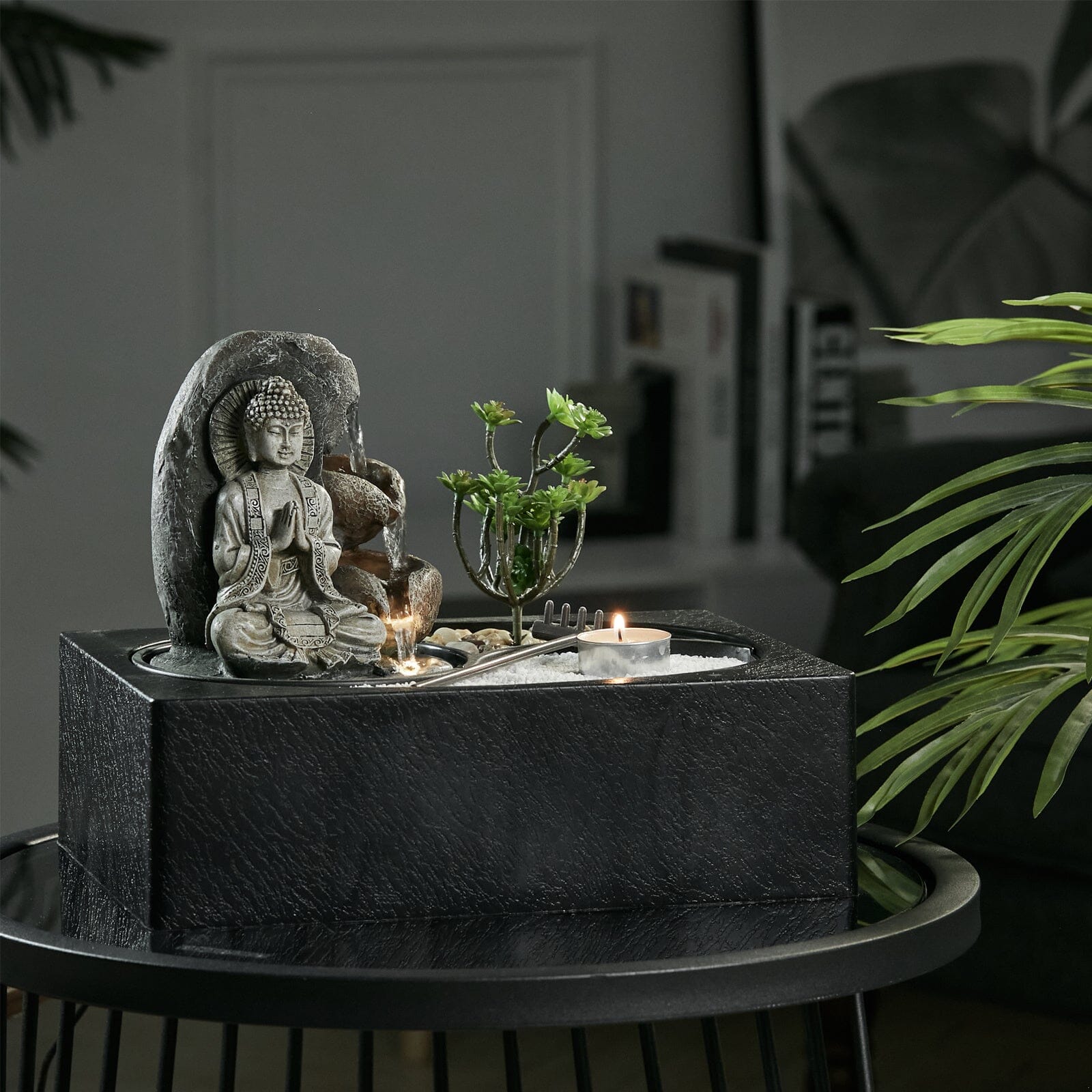 Buddha Zen Tabletop Fountain with LED Light, Tealight Holder and Succulent Table Decorations Living and Home 