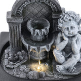 Grey Tabletop Resin Cherub Fountain with LED Light Indoor Table Decorations Living and Home 