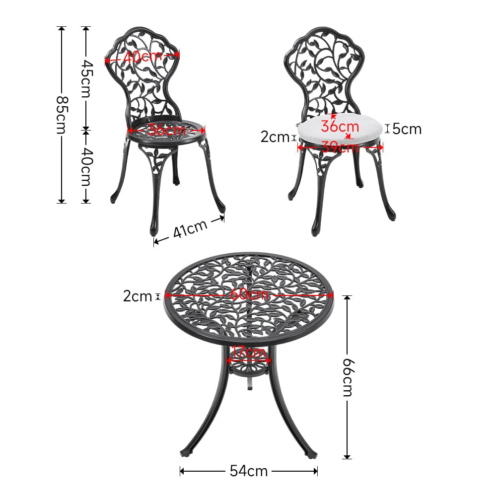 3pcs Black Cast Aluminum Bistro Table and Chairs Set