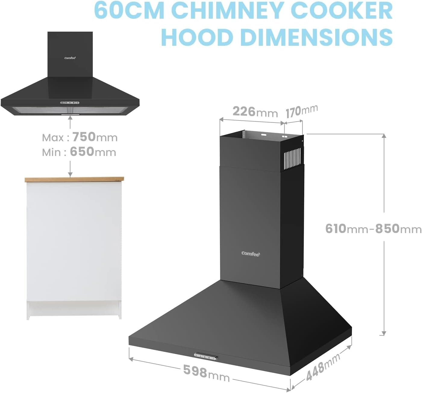 Black 60CM/ 90CM Wall-mounted 3-Speed Chimney Range Hood Cooker Extractor Living and Home 