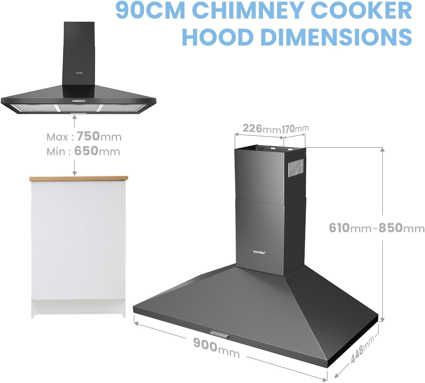 Black 60CM/ 90CM Wall-mounted 3-Speed Chimney Range Hood Cooker Extractor Living and Home 