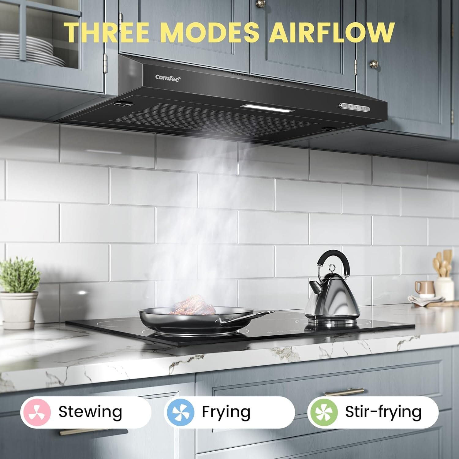 60cm Under Cabinet Wall-Mount Cooker Range Hood with 3-Speed Modes Living and Home Black 