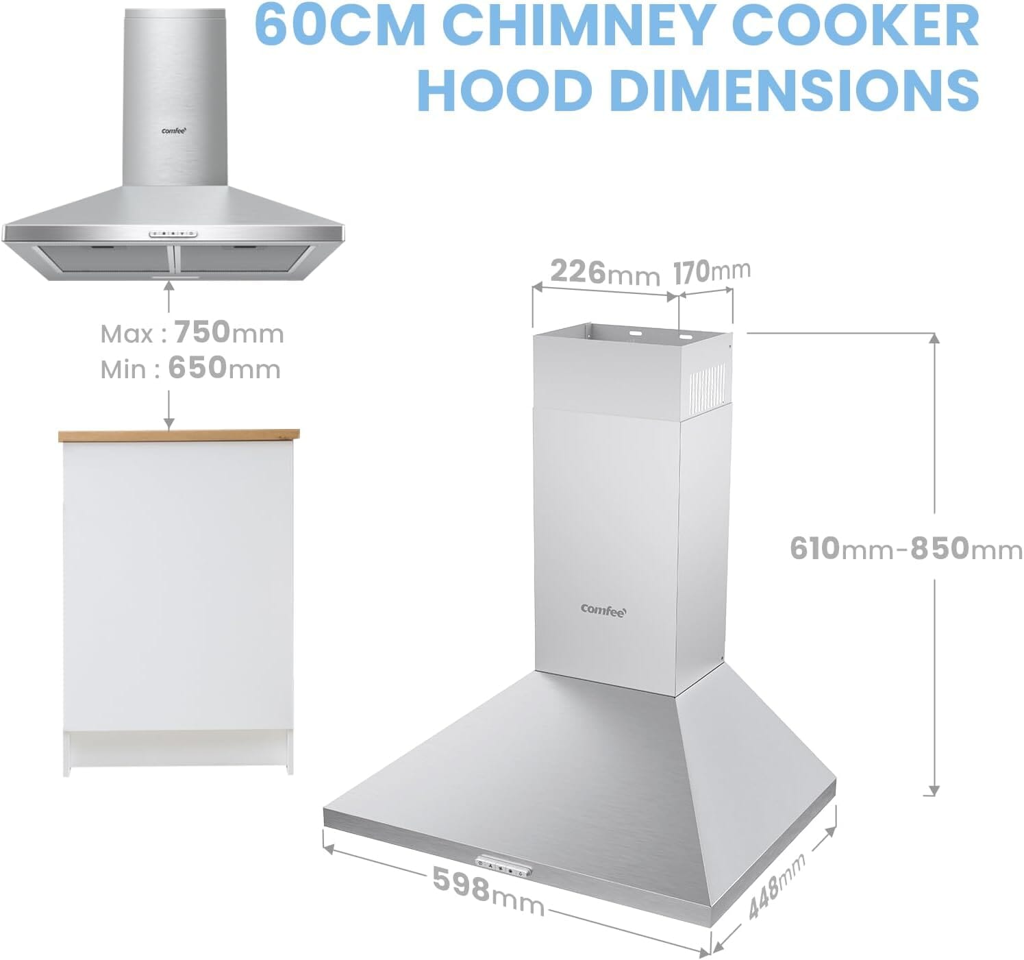 Class A+ 60cm Chimney Cooker Range Hood Kitchen Extractor with 3-Speed Modes Living and Home 