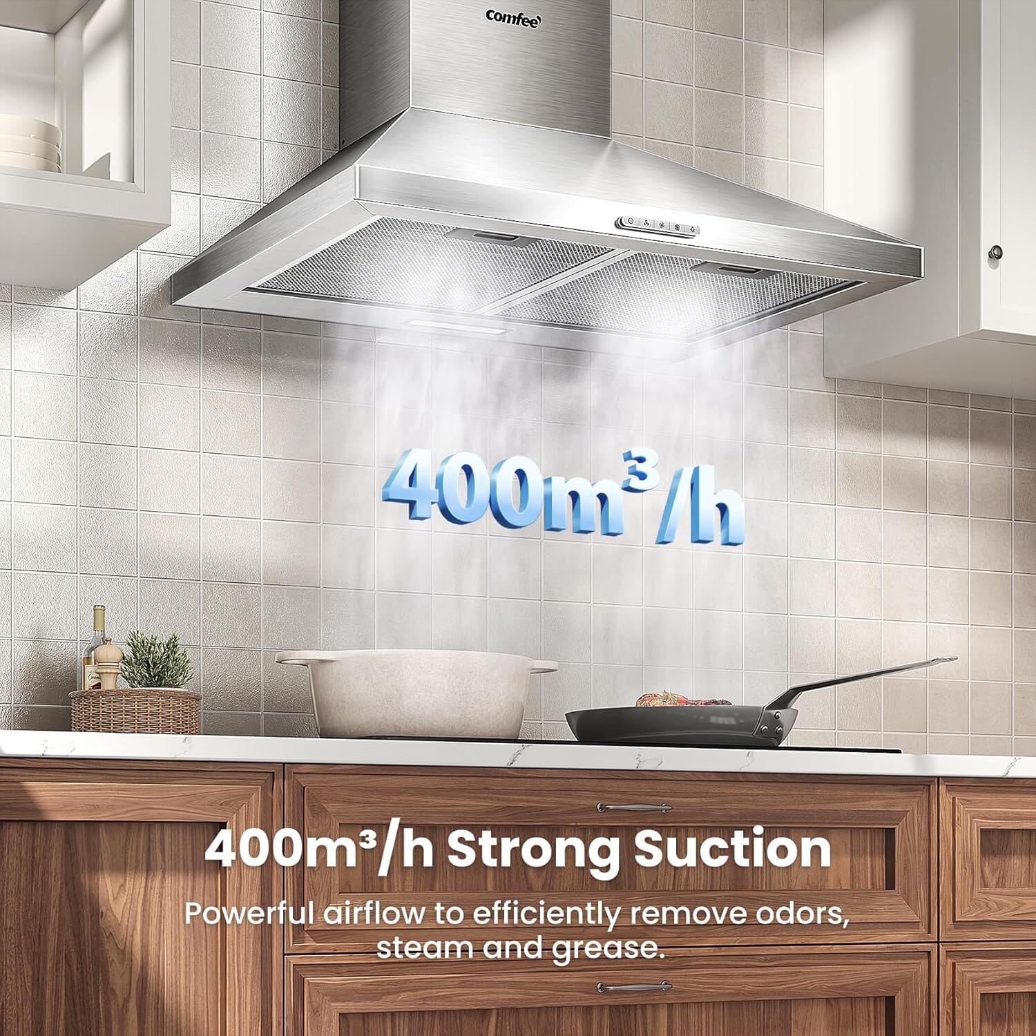 Class A+ 60cm Chimney Cooker Range Hood Kitchen Extractor with 3-Speed Modes Living and Home 