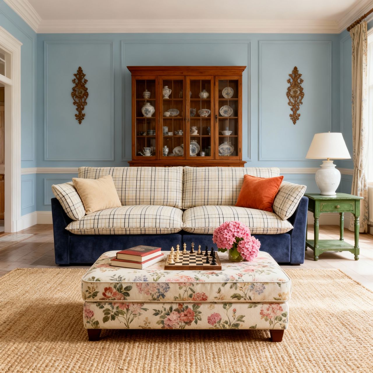 Cottonfy British Retro Check & Striped Sofa with Removable Covers Living and Home 220 CM Navy Check Serenity Cotton Blends 