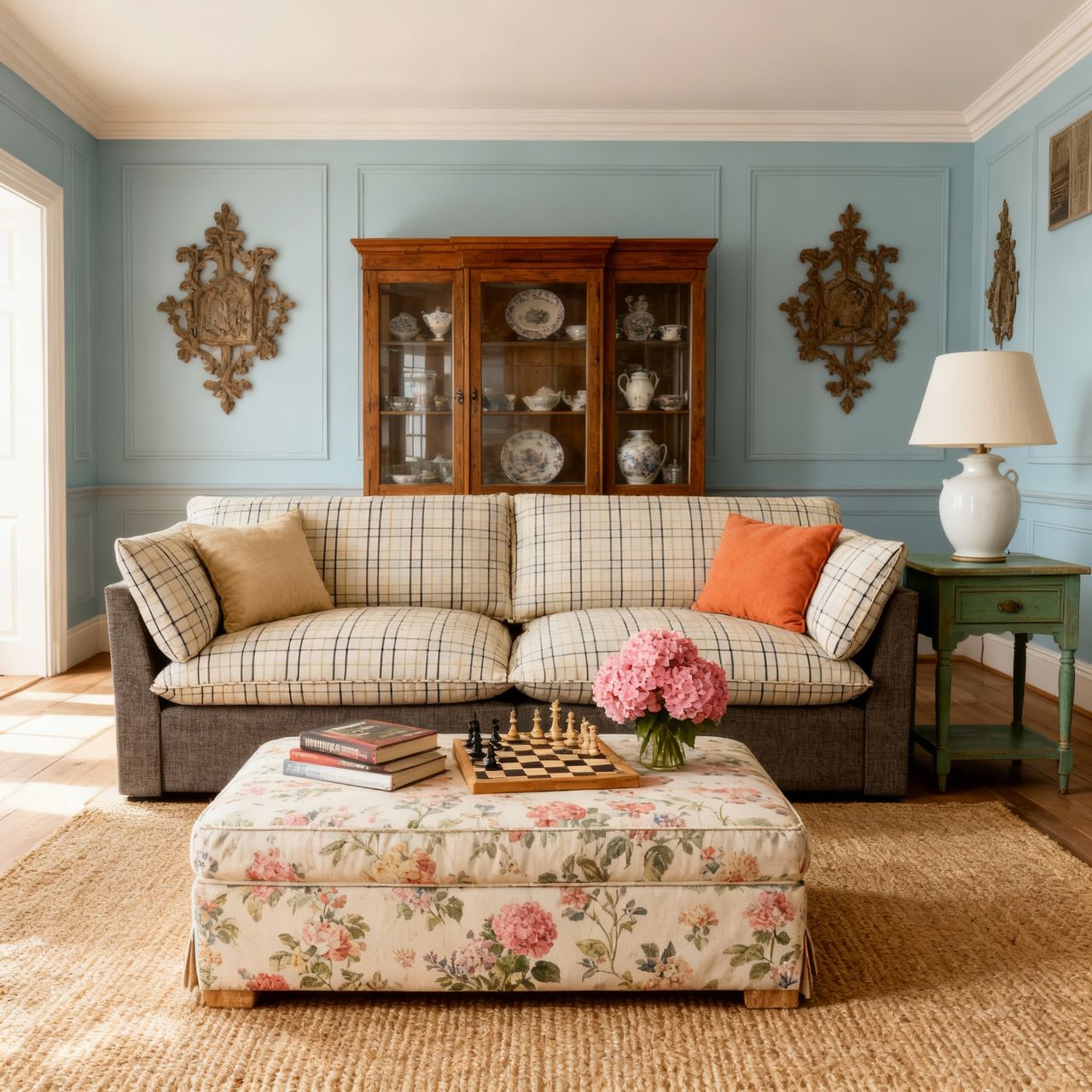 Cottonfy British Retro Check & Striped Sofa with Removable Covers Living and Home 220 CM Neutral Grid Harmony Cotton Blends 