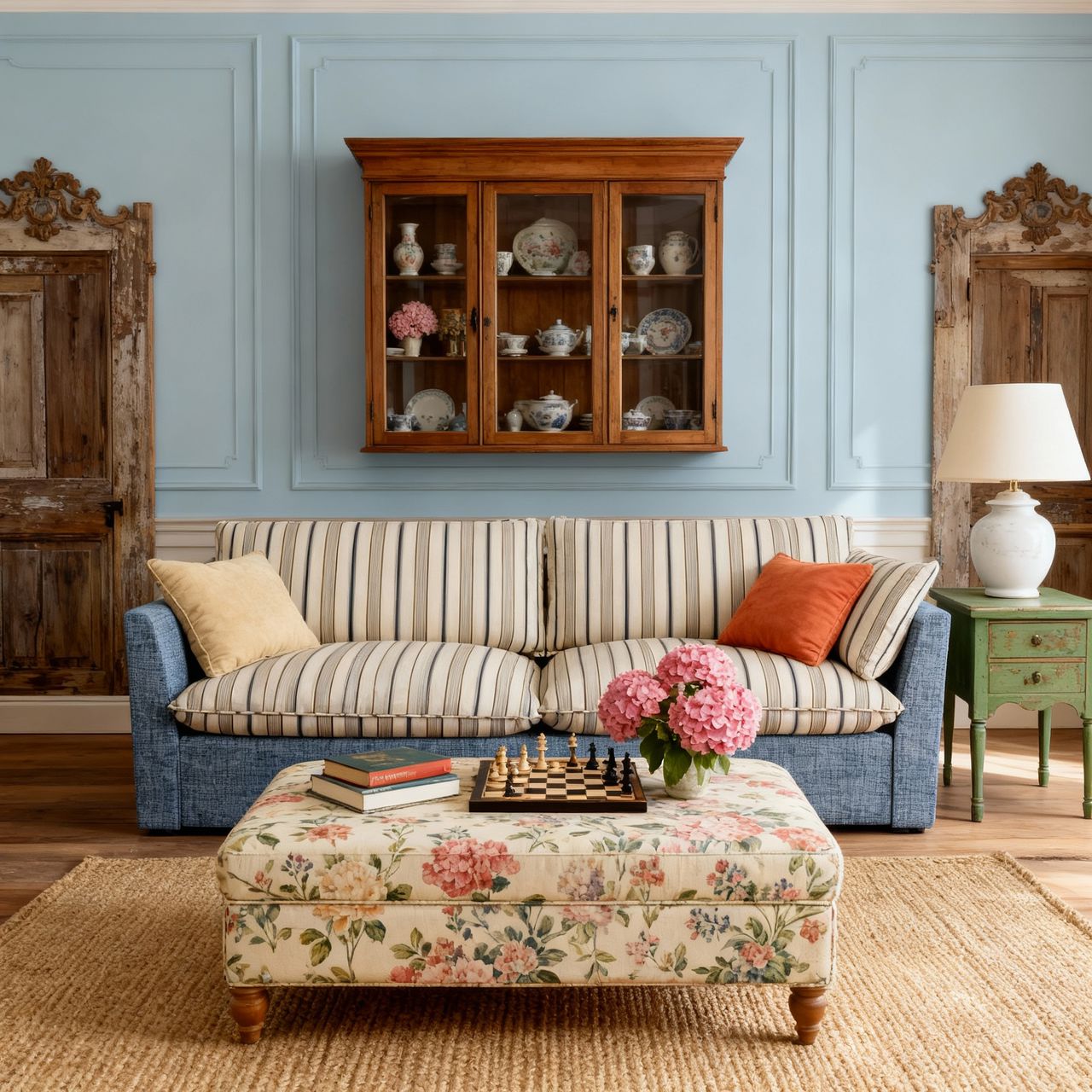 Cottonfy British Retro Check & Striped Sofa with Removable Covers Living and Home 220 CM Seaside Stripe Elegance Cotton Blends 