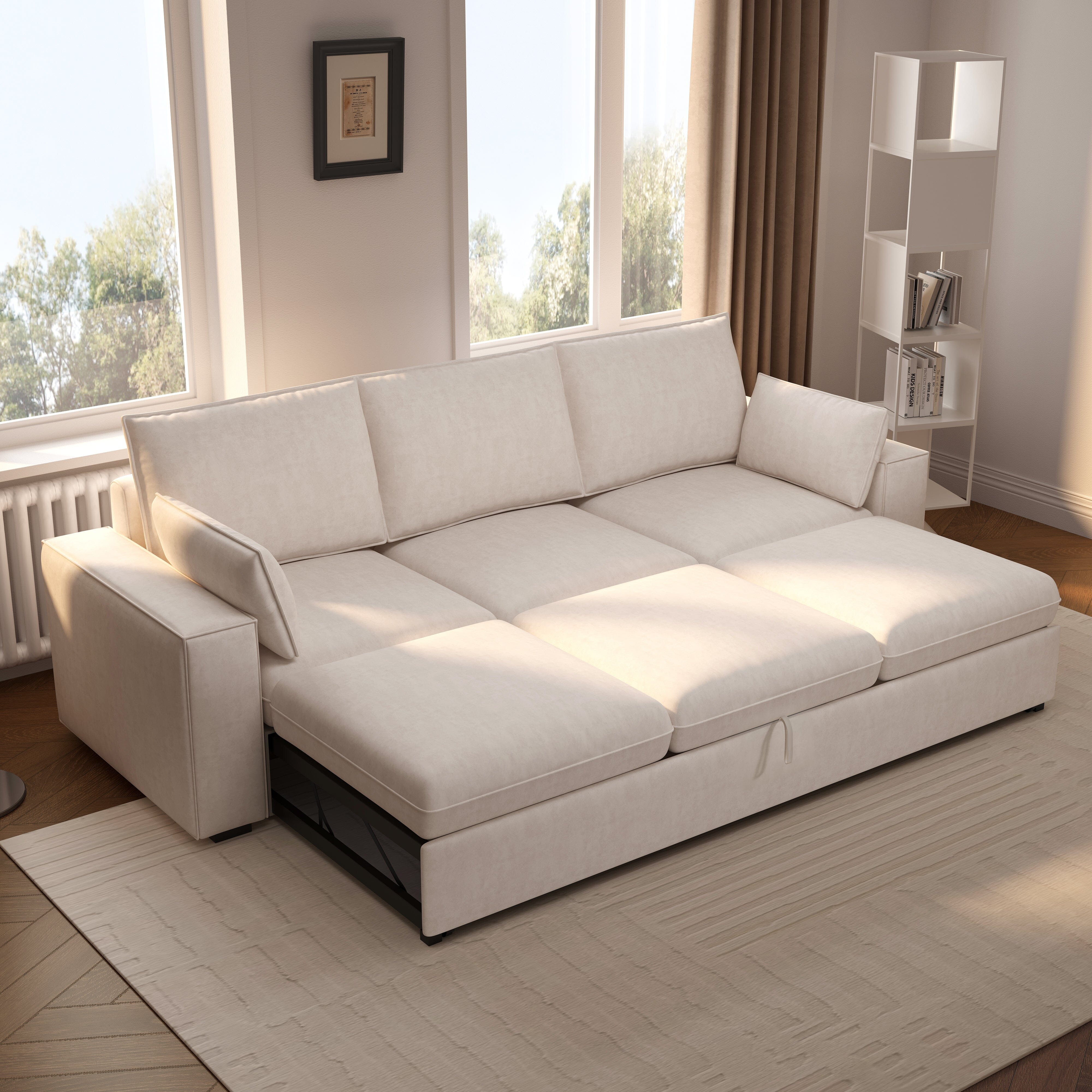 Cottonfy Creamy Tofu Block Pullout Sofa Bed with Storage Cottonfy UK 