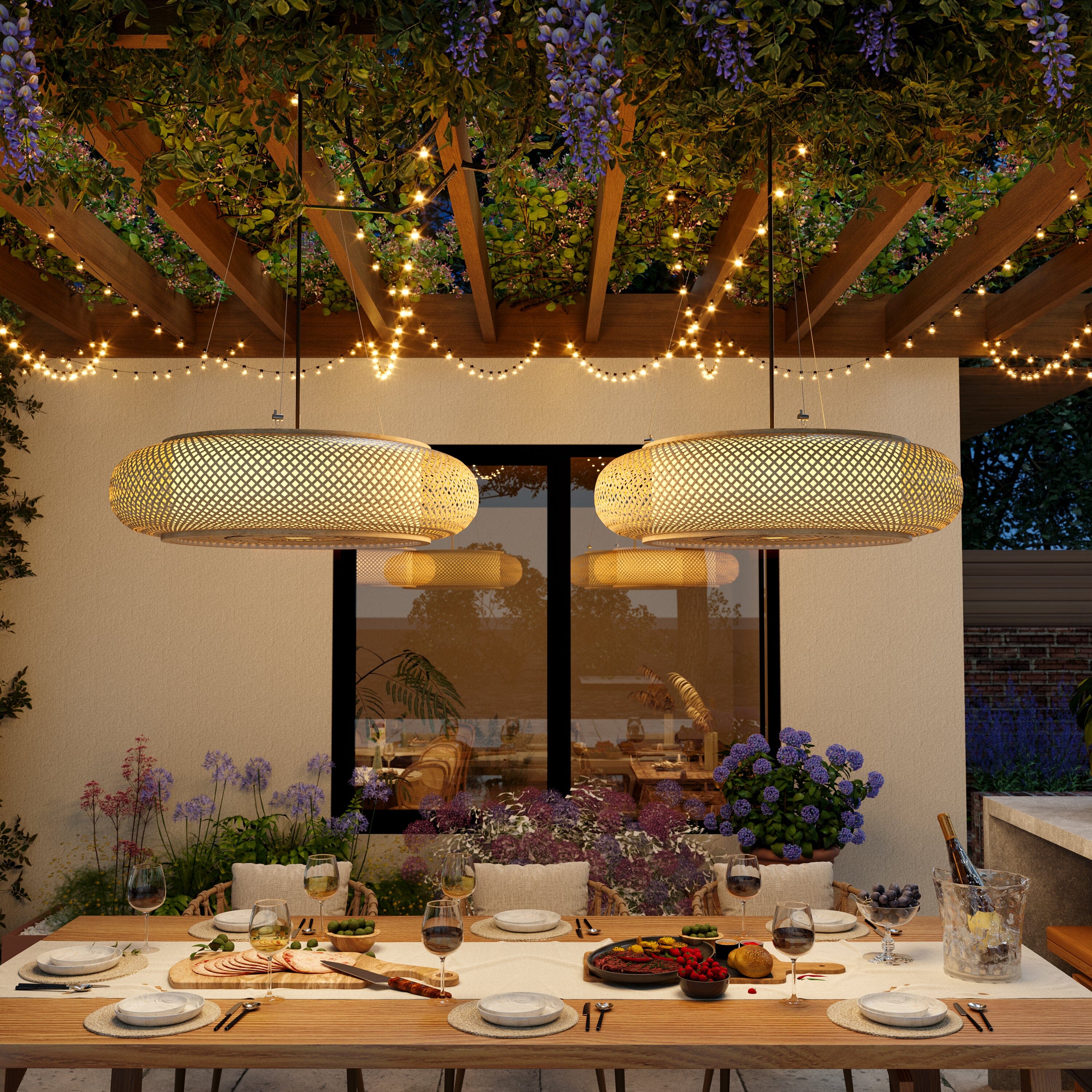pair of bamboo pendant lights on a covered patio