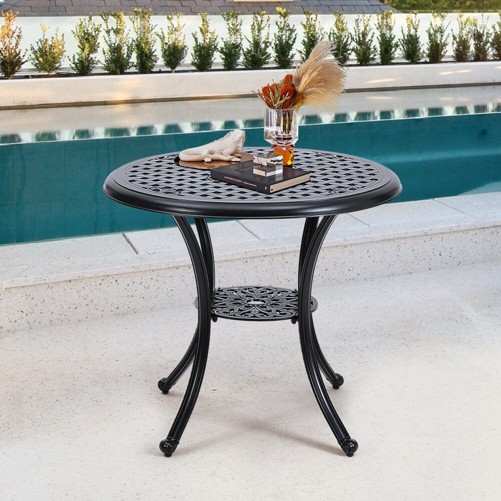 Black Cast Aluminum Round Patio Dining Table with Umbrella Hole Garden Dining Tables Living and Home 81cm Dia x 71cm H 