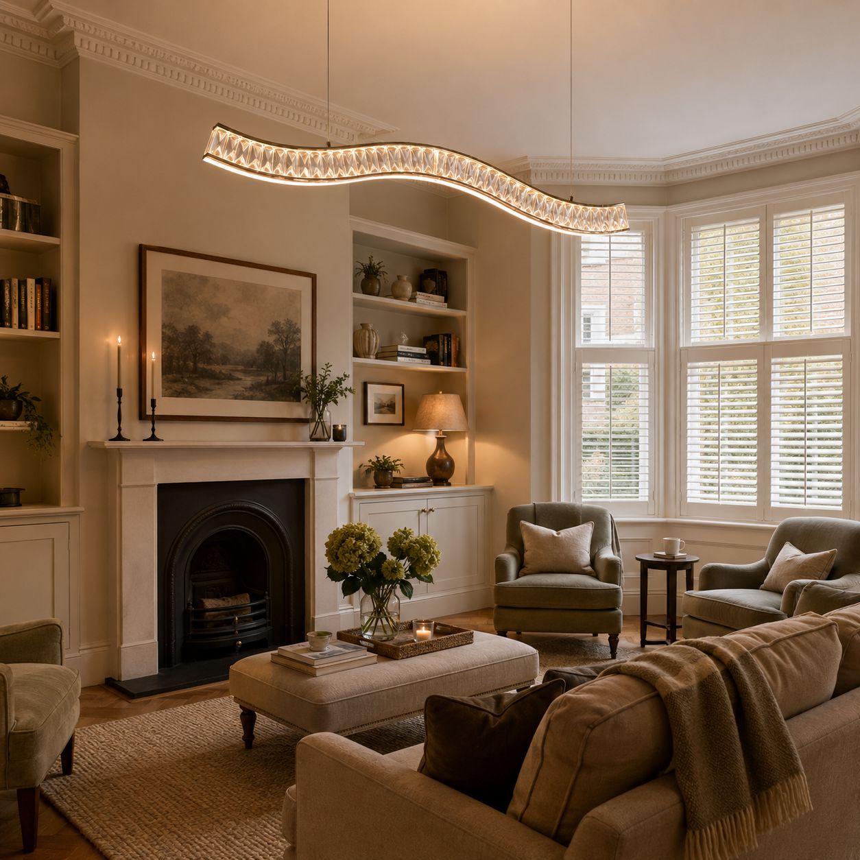 gold crystal wave LED pendant light in a warm bay-window living room