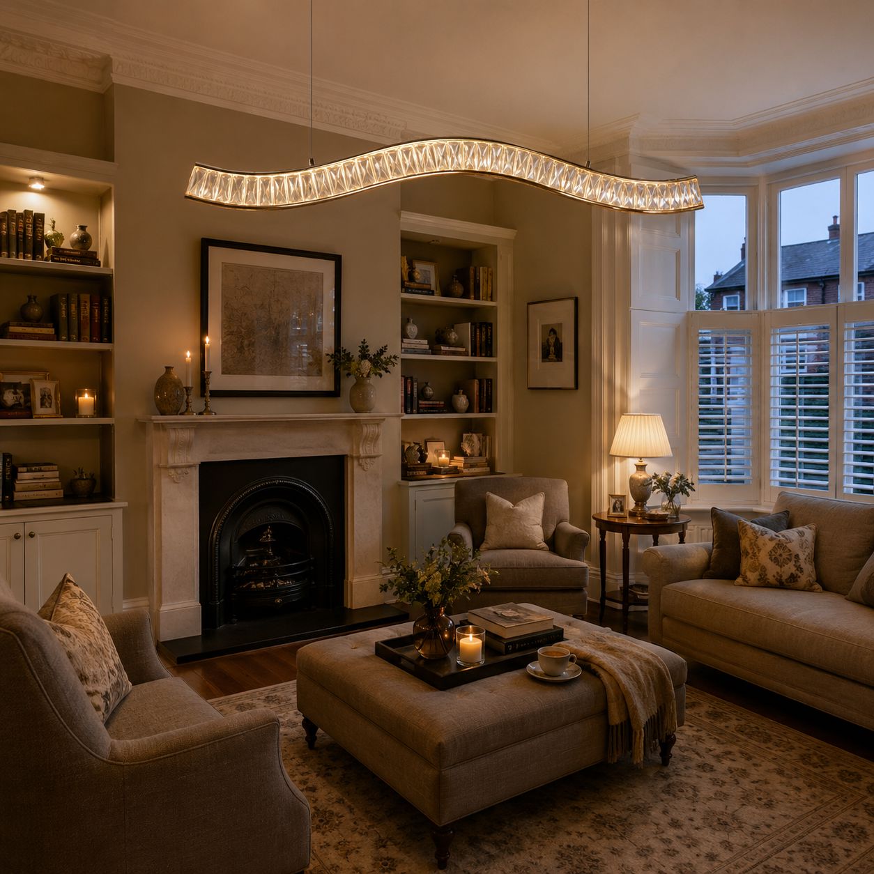 gold crystal wave LED pendant light above a cosy living room seating area
