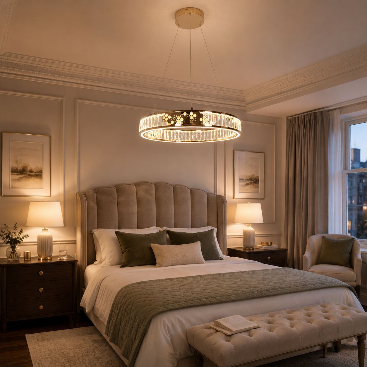 gold crystal LED halo pendant light above a bedroom bench