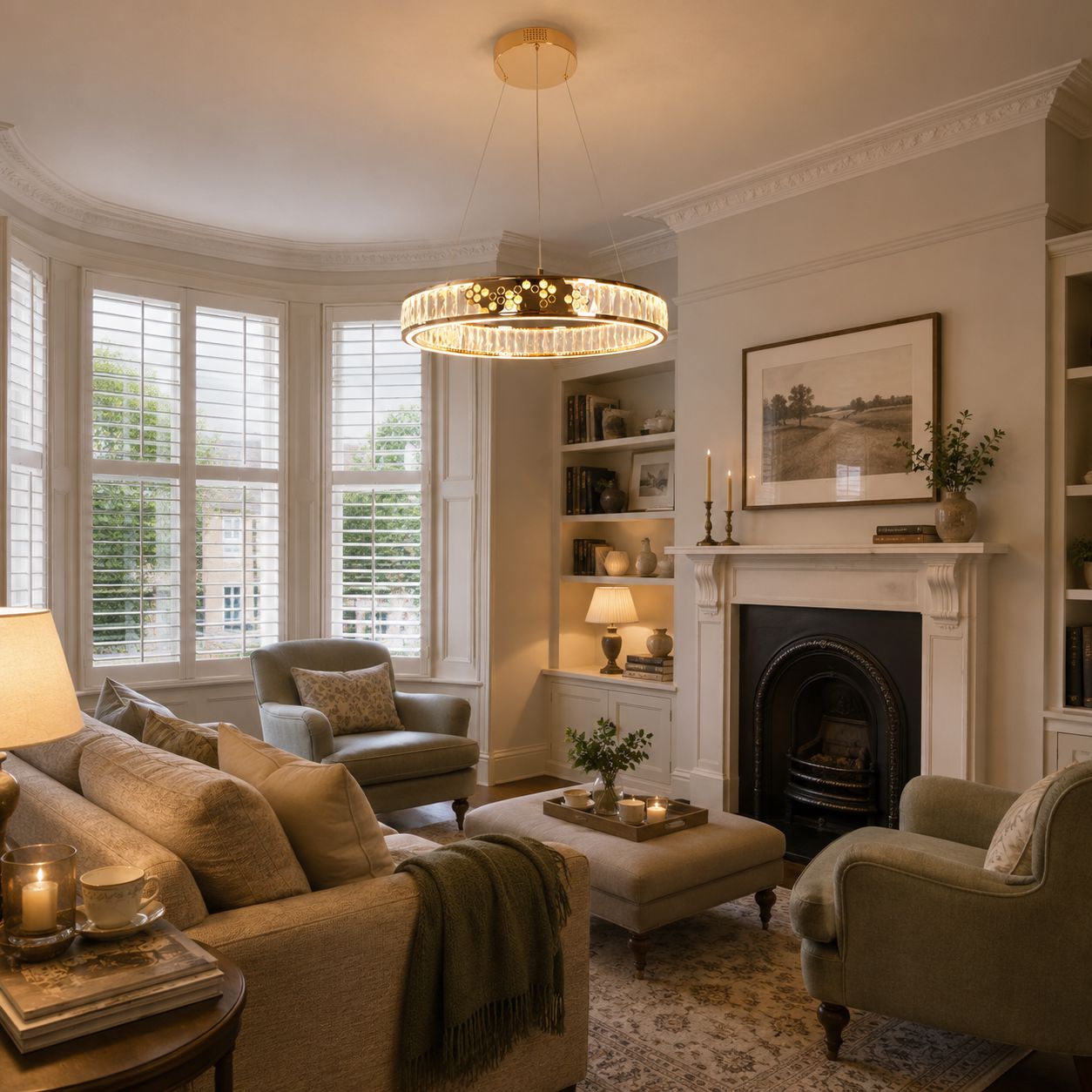 gold crystal LED halo pendant light above a classic living room seating area