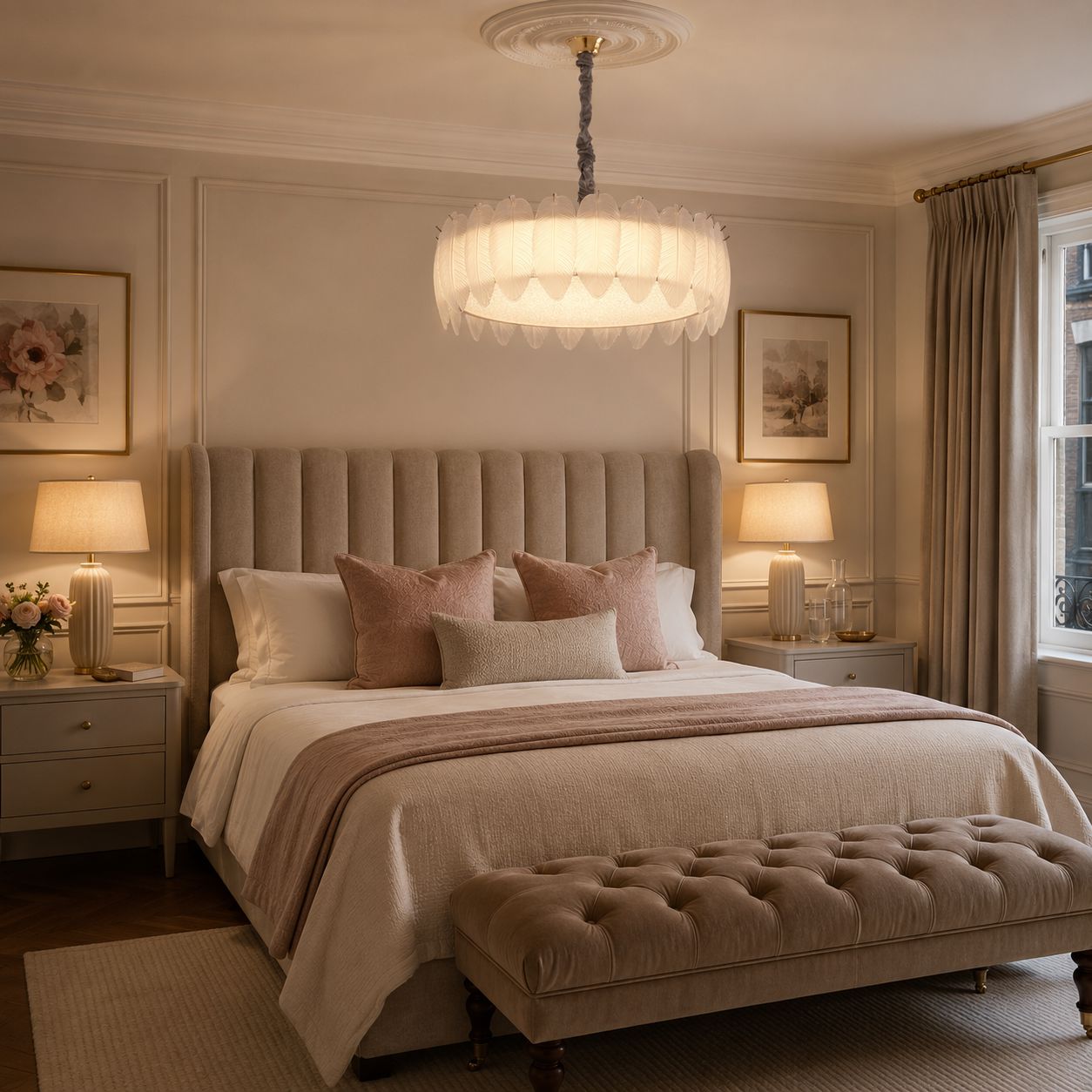 feather inspired glass chandelier above a tufted bedroom bed