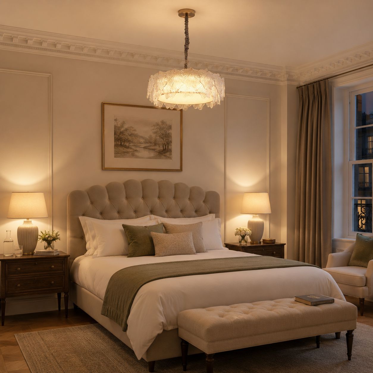 vintage white leaf glass pendant light above a tufted bedroom bed