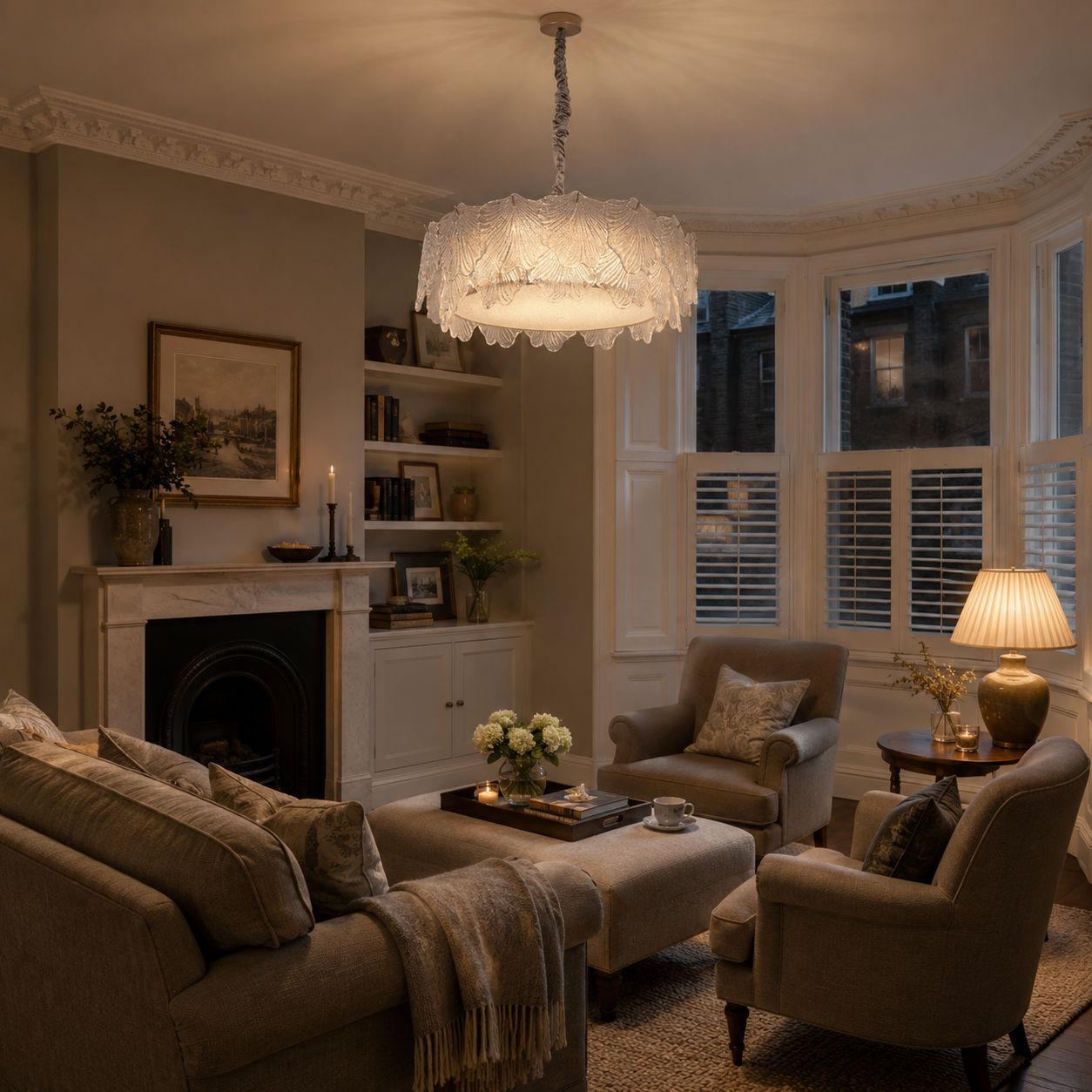 vintage white leaf glass pendant light in a warm living room corner