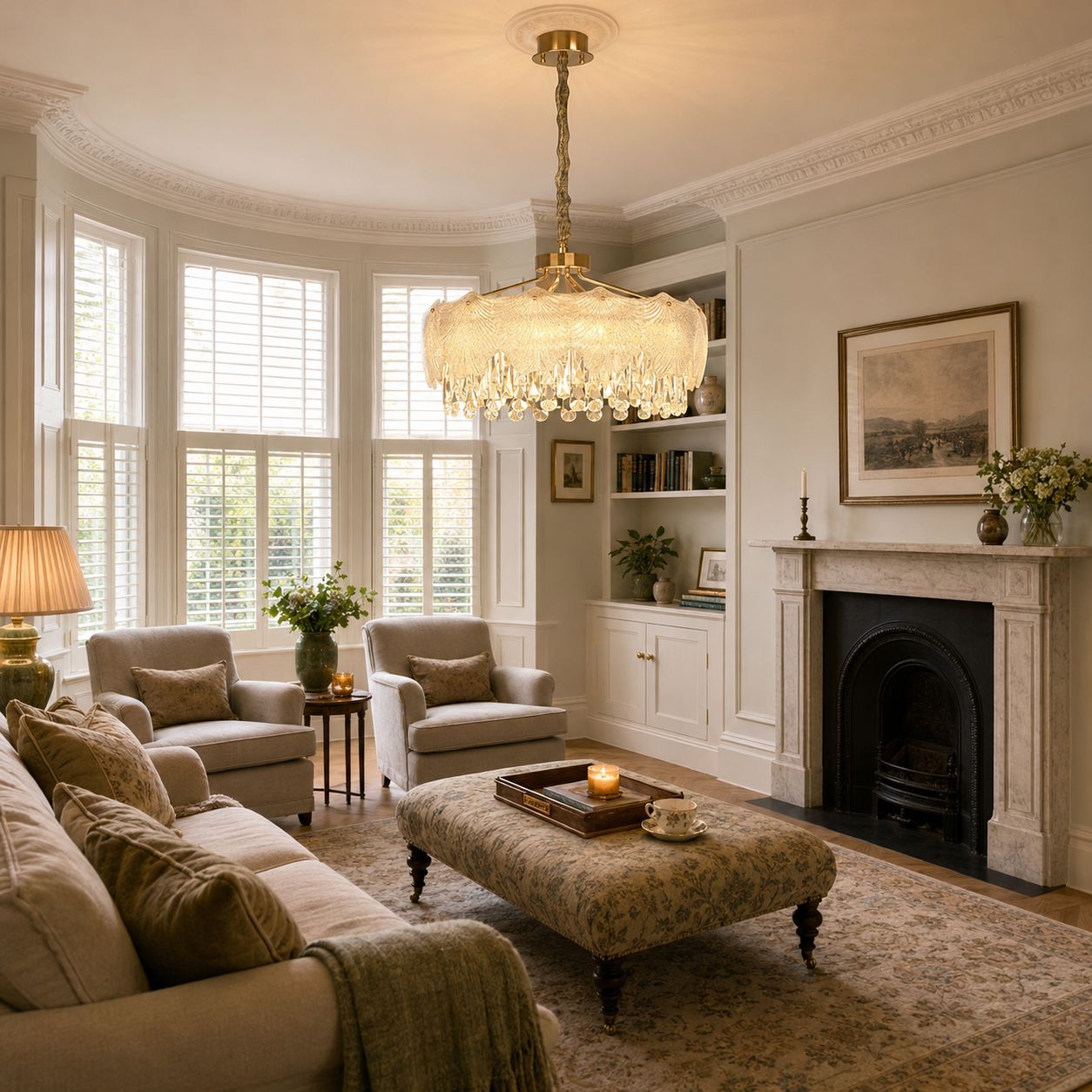 gold chandelier with crystal accents above a bay-window living room