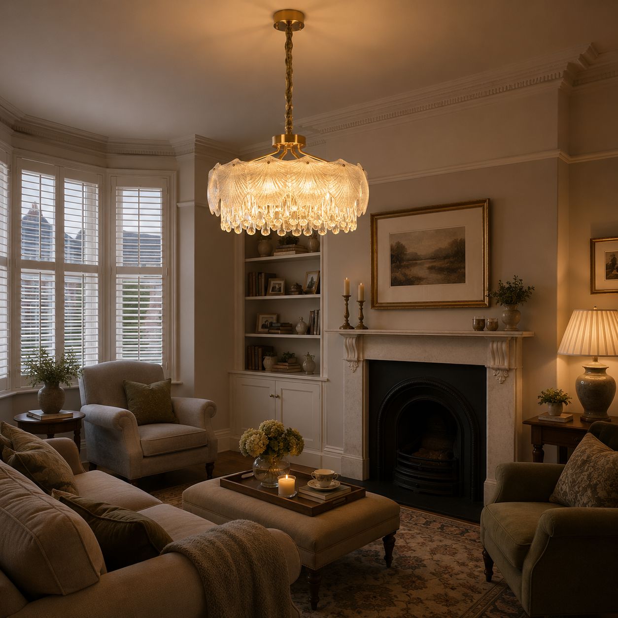 gold chandelier with crystal accents over a cosy living room seating area
