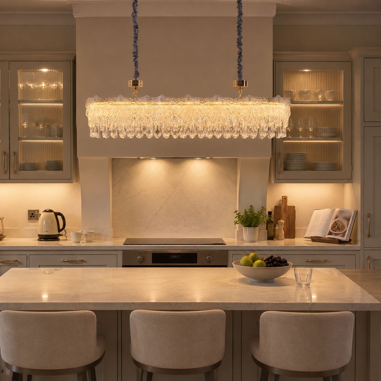 gold chandelier with crystal accents linear version above a modern kitchen island