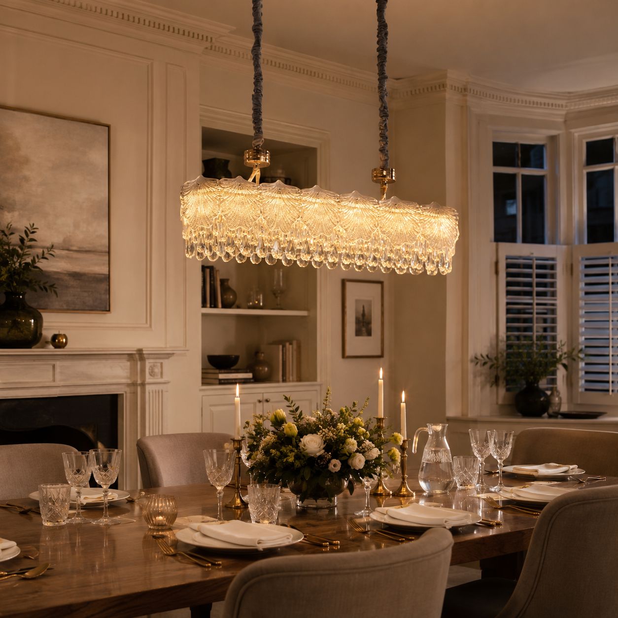 gold chandelier with crystal accents above a formal dining table