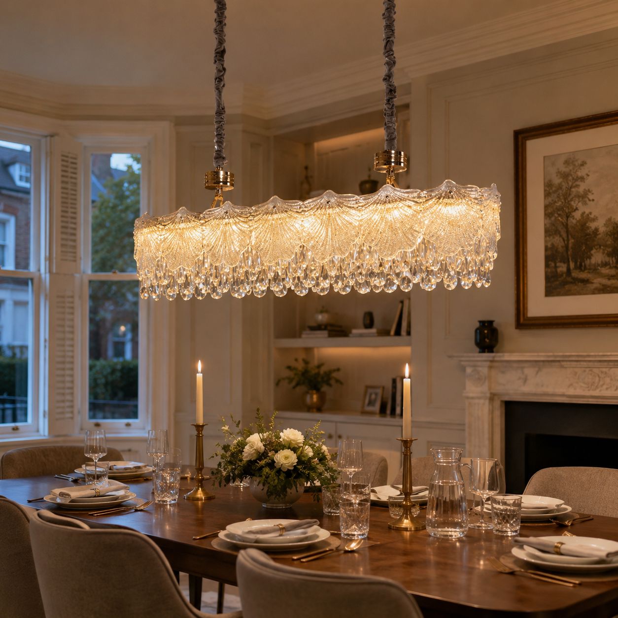 gold chandelier with crystal accents linear crystal chandelier above a dining table