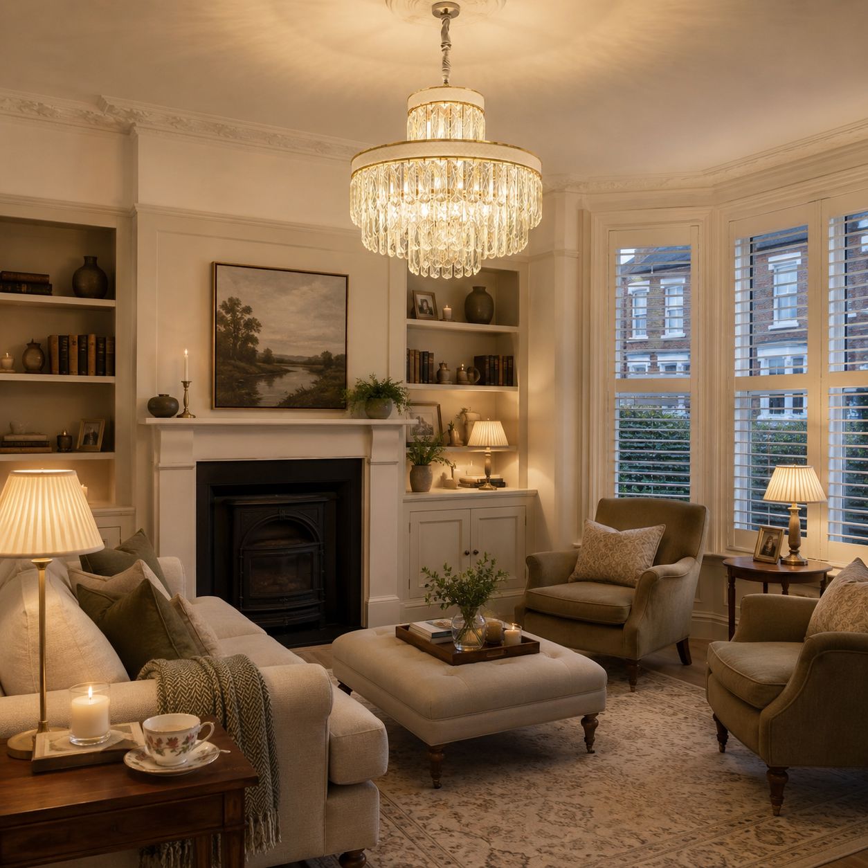gold crystal hanging light above a bright living room seating area
