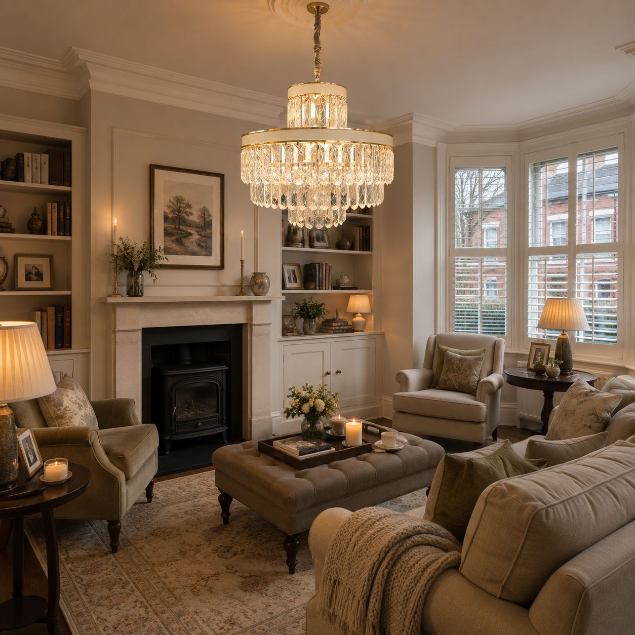gold crystal hanging light in a warm bay-window living room