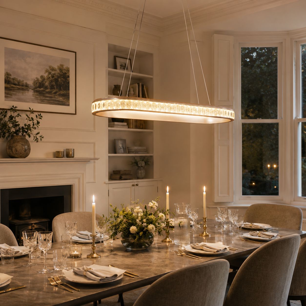 champagne gold oval crystal pendant light above a dining table in a light neutral room