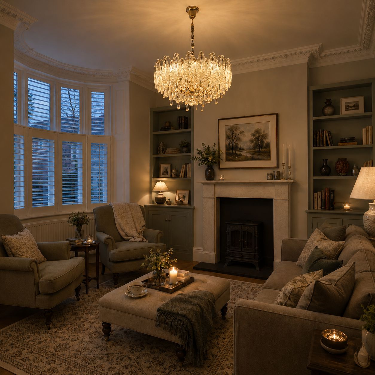 Art Deco crystal chandelier above a cosy bay-window lounge