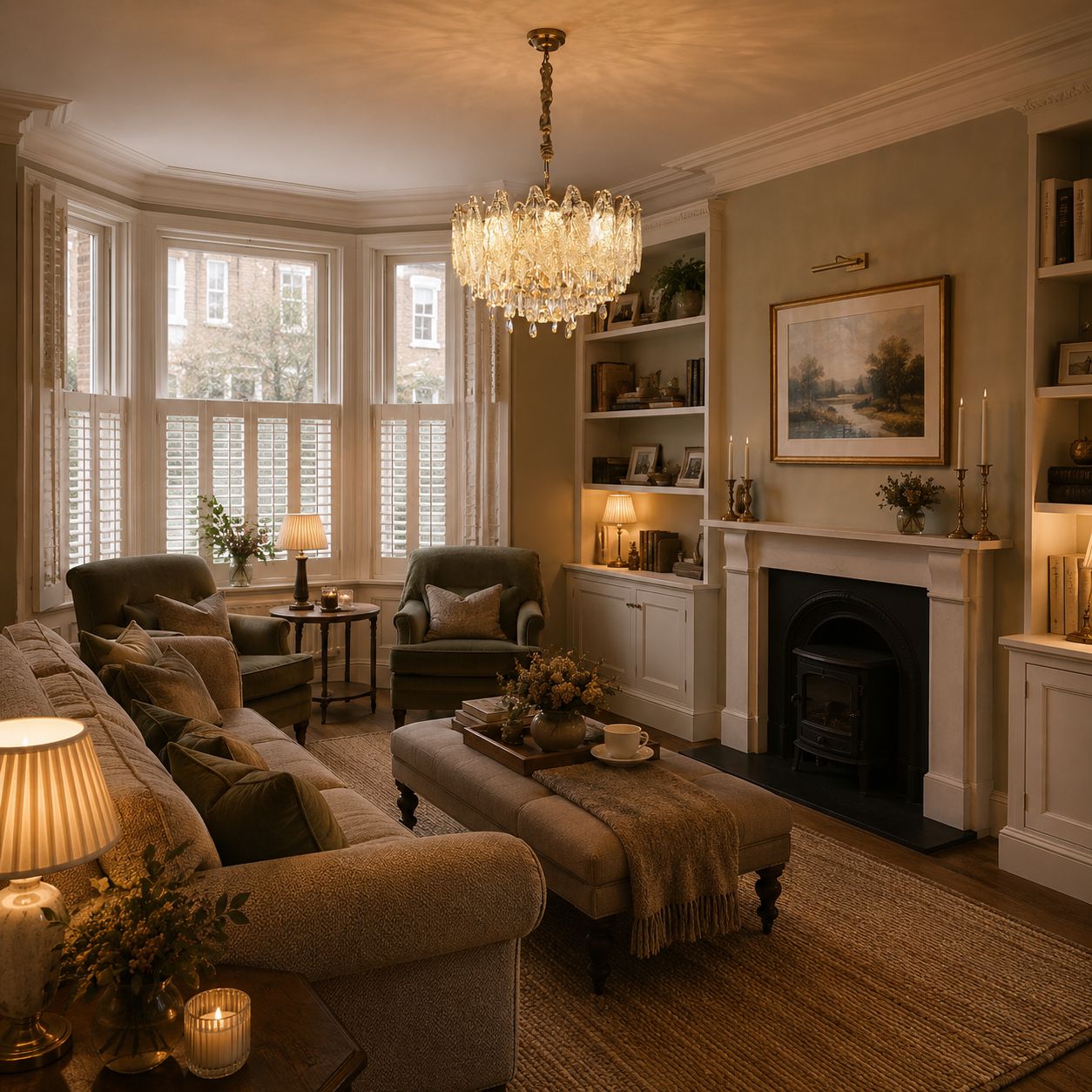 Art Deco crystal chandelier in a warm living room seating area