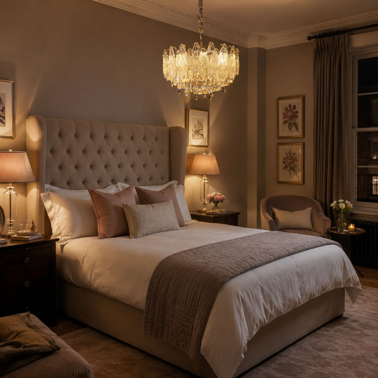 Art Deco crystal chandelier above a neutral bedroom bed