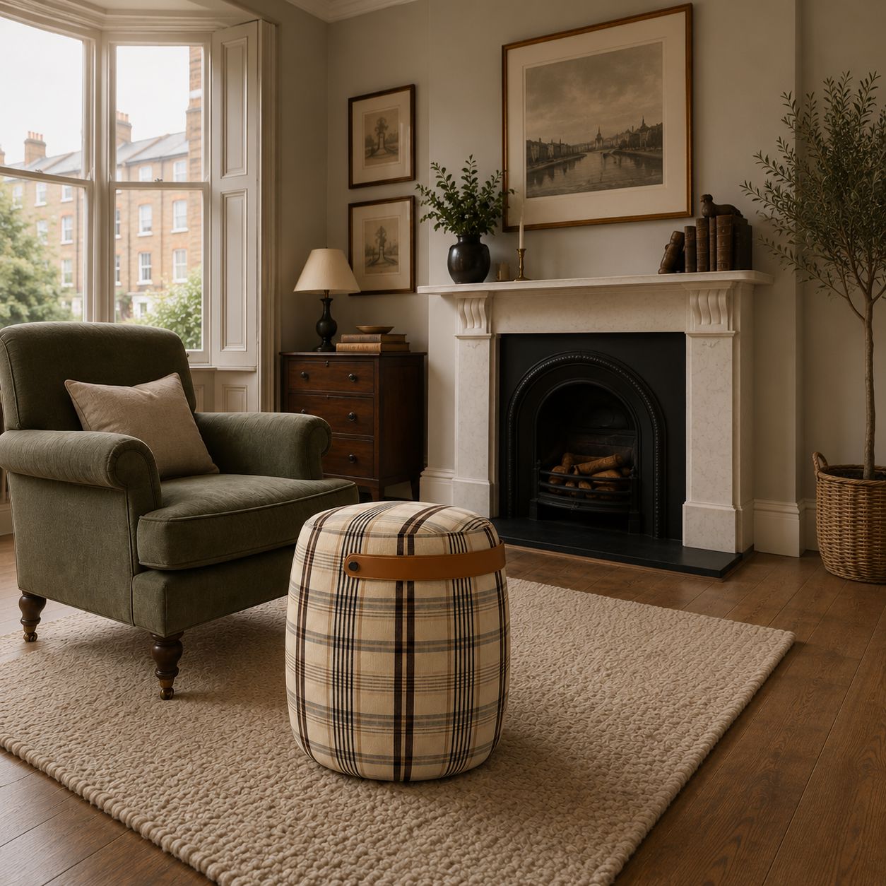 Haven British Check Round Pouffe Footstool with Leather Handle Cottonfy UK 