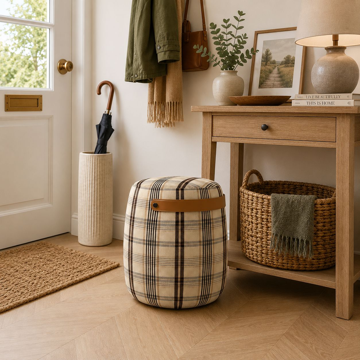 Haven British Check Round Pouffe Footstool with Leather Handle Cottonfy UK 